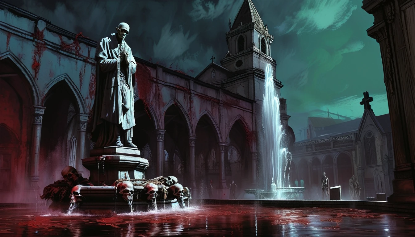 a painting of a ((fountain with corpses)), dead bodies, vampire the masquerade bloodlines, incredible art, gloomy background, nimbus, church ragged vestments, darksketch