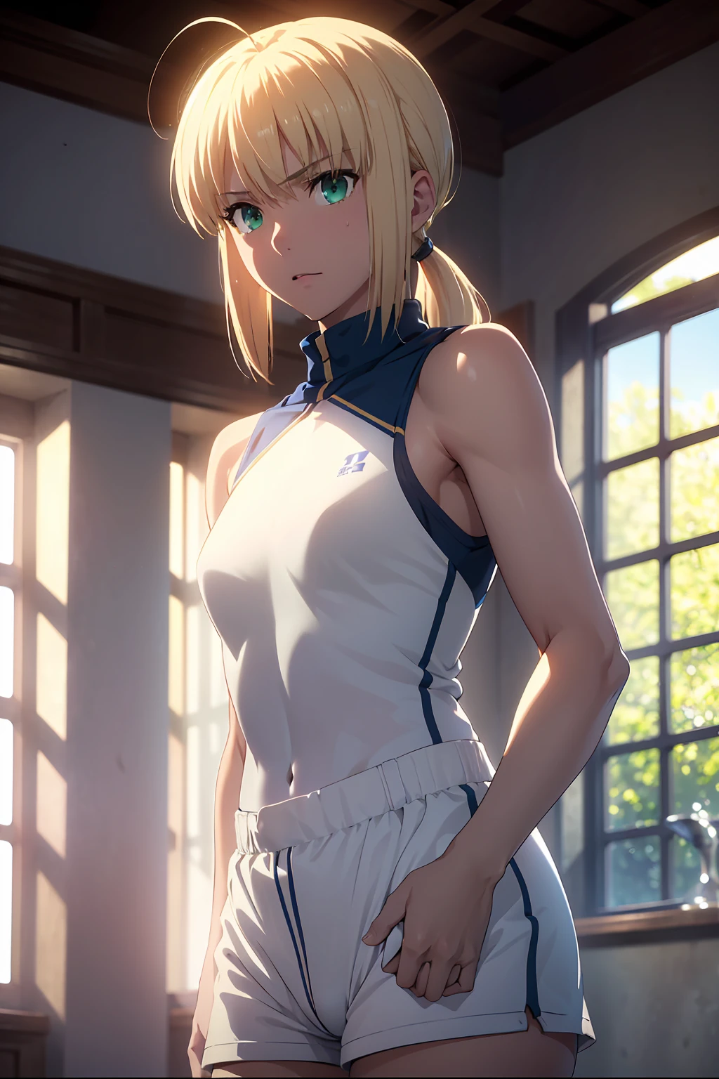 (Highest quality:1.5, High resolution, uhd, 4K, Detailed lighting, Shaders), 　(artoria pendragon),NSFW solo short hair short hair,ponytail　Green Eyes　Cool face　　((White track and field uniform))++　Sports bra with a small area　Realistic sun rays　 Sweat　Super oily skin　Beautiful Abs