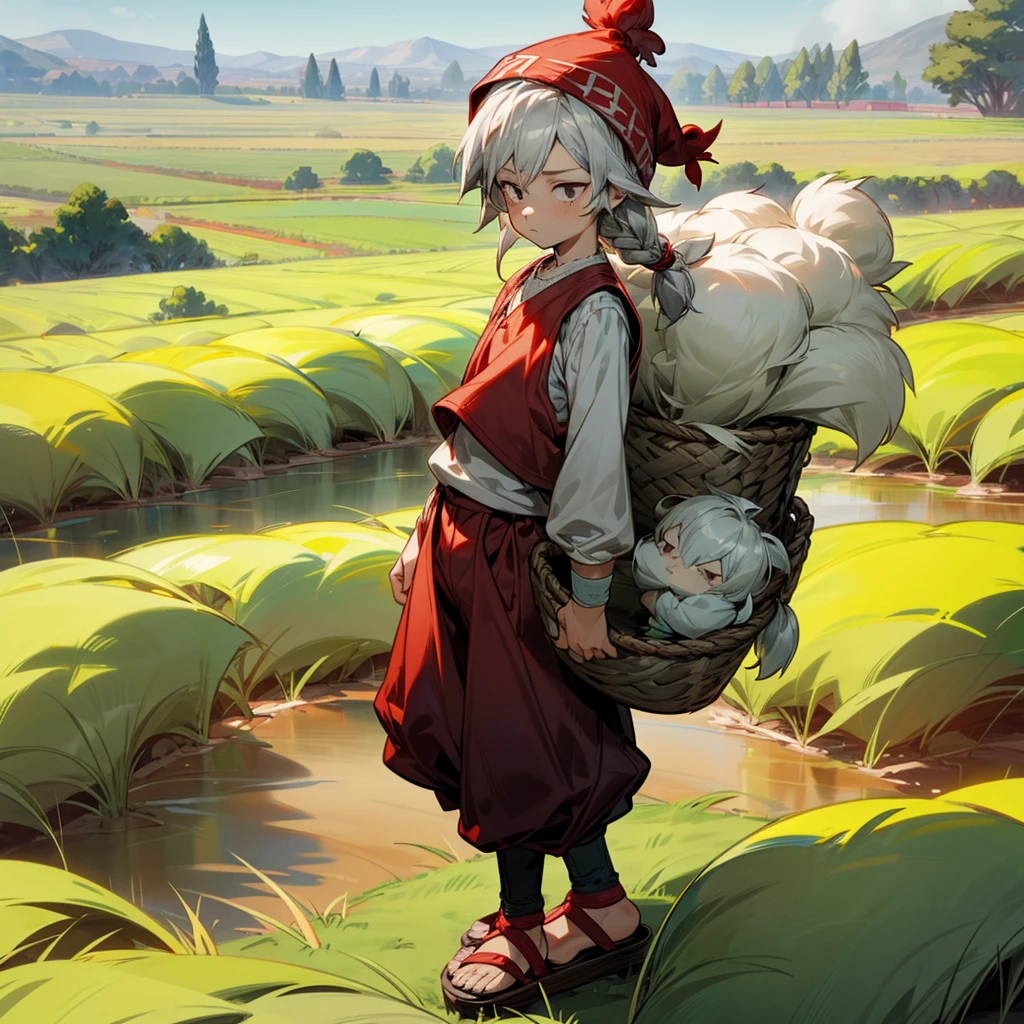 1little boy, Full body version, 1character, black eyes color, milk skin, long hairstyle, sad eyes type, silver colour hair, Farmer villager clothing style, red color clothing, black pants, white scraf, Ancient roman sandals, vest, green Beanie, Grassroots background in field villager, motion blur