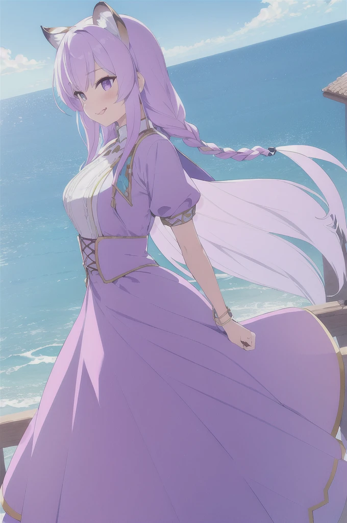 ((masterpiece)), (best quality), (ultra-detailed), photorealistic, (best illustration), ((an extremely delicate and beautiful)), 1girl, solo, long hair, tiger ears, [:tiger tail under:0.2], lilac hair, two-tone hair, full body art, (purple armor:1), multicolored dress, cross-laced, standing, evil purple eyes, sharp teeth, tongue out, teasing grin, White shirt, short sleeves, detailed scenery, blue sky, horizon, low twin braids, twin braids, hair ornament, bracelet, (hand on own chest:0.9), blush. 