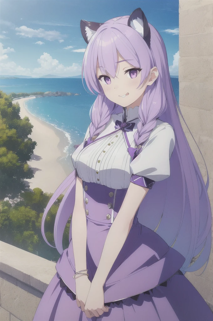 ((masterpiece)), (best quality), (ultra-detailed), photorealistic, (best illustration), ((an extremely delicate and beautiful)), 1girl, solo, long hair, tiger ears, [:tiger tail under:0.2], lilac hair, two-tone hair, full body art, (purple armor:1), multicolored dress, cross-laced, standing, evil purple eyes, sharp teeth, tongue out, teasing grin, White shirt, short sleeves, detailed scenery, blue sky, horizon, low twin braids, twin braids, hair ornament, bracelet, (hand on own chest:0.9), blush. 