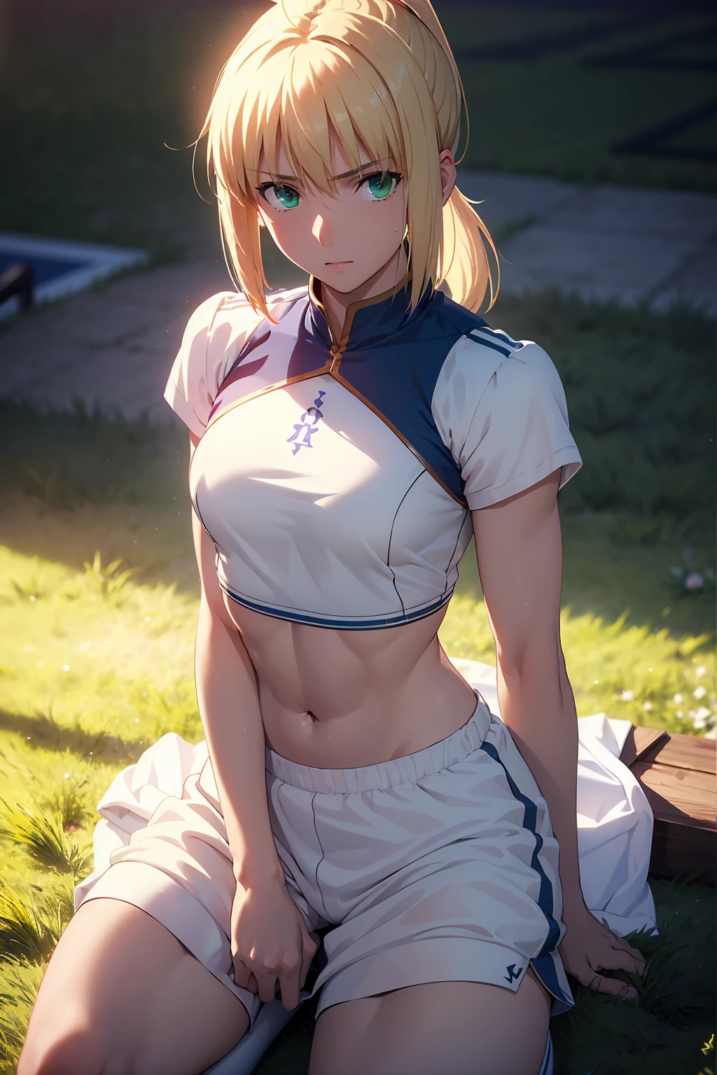 (Highest quality:1.5, High resolution, uhd, 4K, Detailed lighting, Shaders), (artoria pendragon),NSFW solo short hair short hair,ponytail Green Eyes Cool face ((White track and field uniform))++ Sports bra with a small area Realistic sun rays Sweat Super oily skin Beautiful Abs