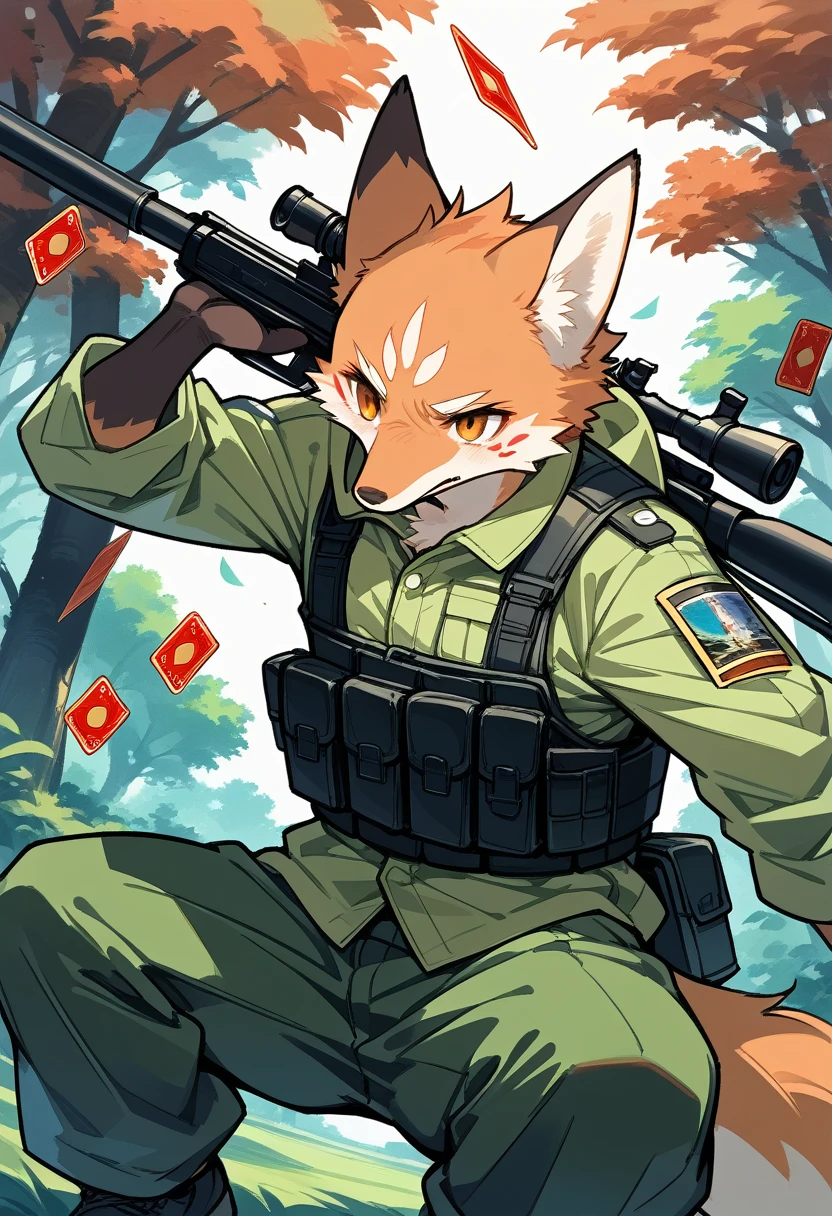 frame of trading card, UI Marks on the upper right and left bottom of the cygames style card.dark and green tone. 14 years old small anthro kemono fox Scout is crouching behind a tree and aiming his sniper rifle at a distant target. He is dressed in a camouflaged jacket and pants,with a bulletproof vest. meticulous post-war military scenes, soft-focus technique