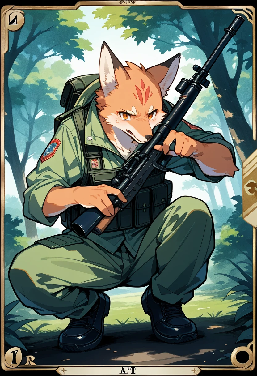 frame of trading card, UI Marks on the upper right and left bottom of the cygames style card.dark and green tone. 14 years old small anthro kemono fox Scout is crouching behind a tree and aiming his sniper rifle at a distant target. He is dressed in a camouflaged jacket and pants,with a bulletproof vest. meticulous post-war military scenes, soft-focus technique
