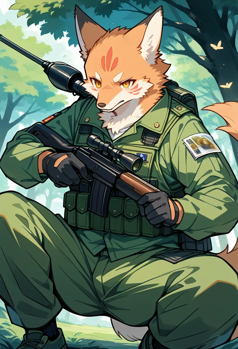 frame of trading card, UI Marks on the upper right and left bottom of the cygames style card.dark and green tone. small anthro kemono fox Scout is crouching behind a tree and aiming his sniper rifle at a distant target. He is dressed in a camouflaged jacket and pants,with a bulletproof vest. meticulous post-war military scenes, soft-focus technique