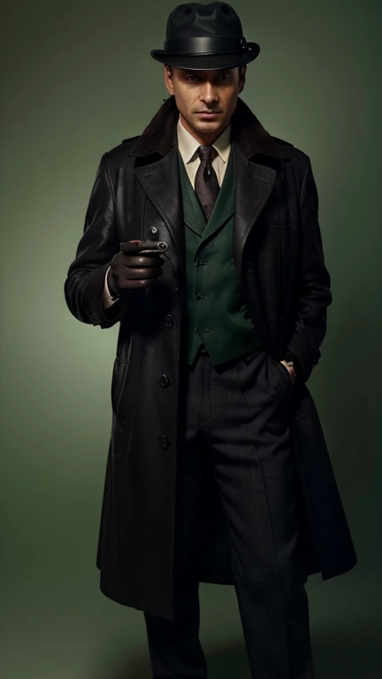 A classic 1940s detective, wearing a fedora hat, with a long dark overcoat, holding a magnifying glass in one hand and with an apple. The detective is standing on a green background, wearing leather gloves and polished shoes. The detective's expression is serious and mysterious, with an air of mystery and suspense