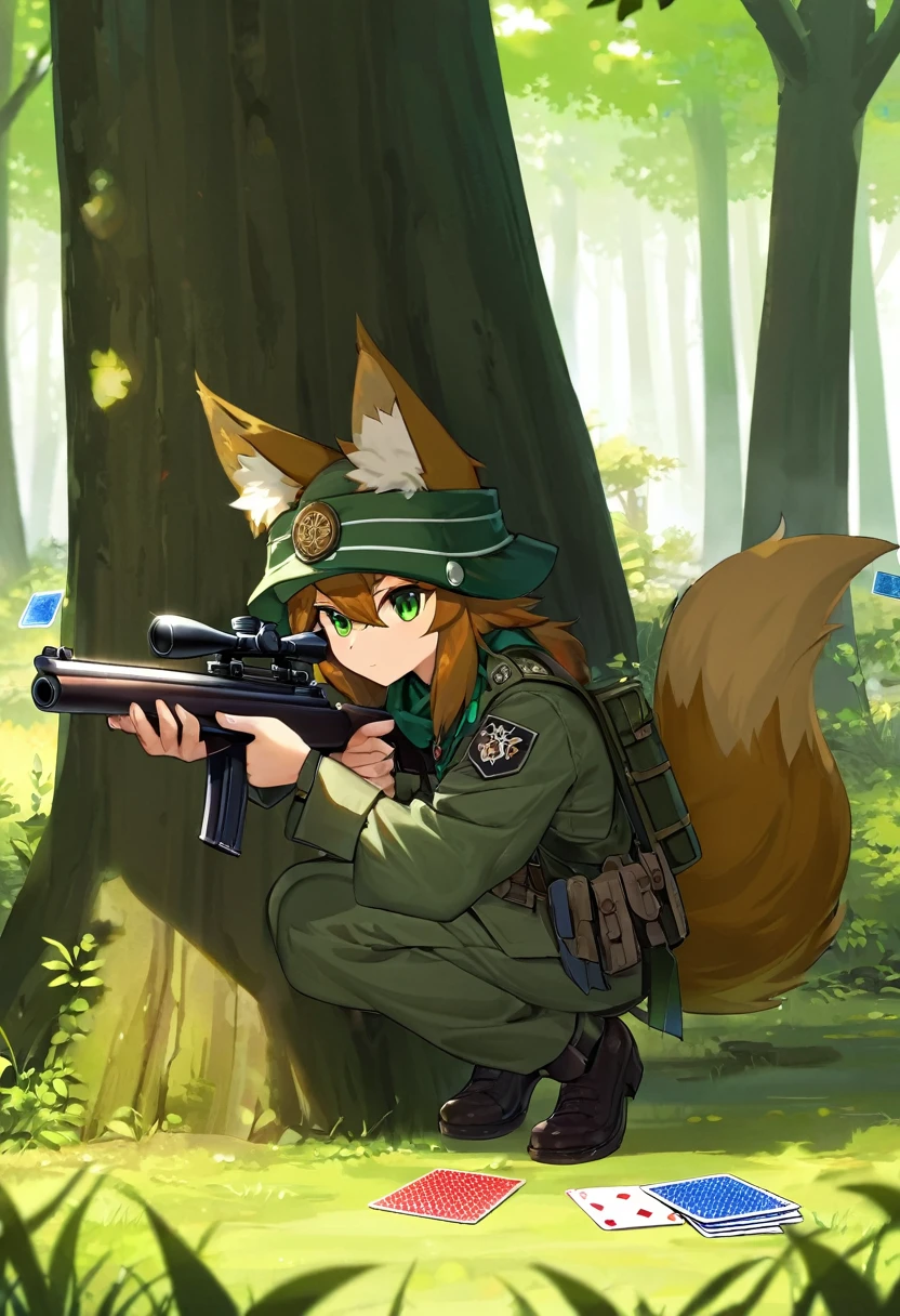 frame of trading card, UI Marks on the upper right and left bottom of the cygames style card.dark and green tone. small anthro kemono fox Scout is crouching behind a tree and aiming his sniper rifle at a distant target. He is dressed in a camouflaged jacket and pants,with a bulletproof vest. meticulous post-war military scenes, soft-focus technique