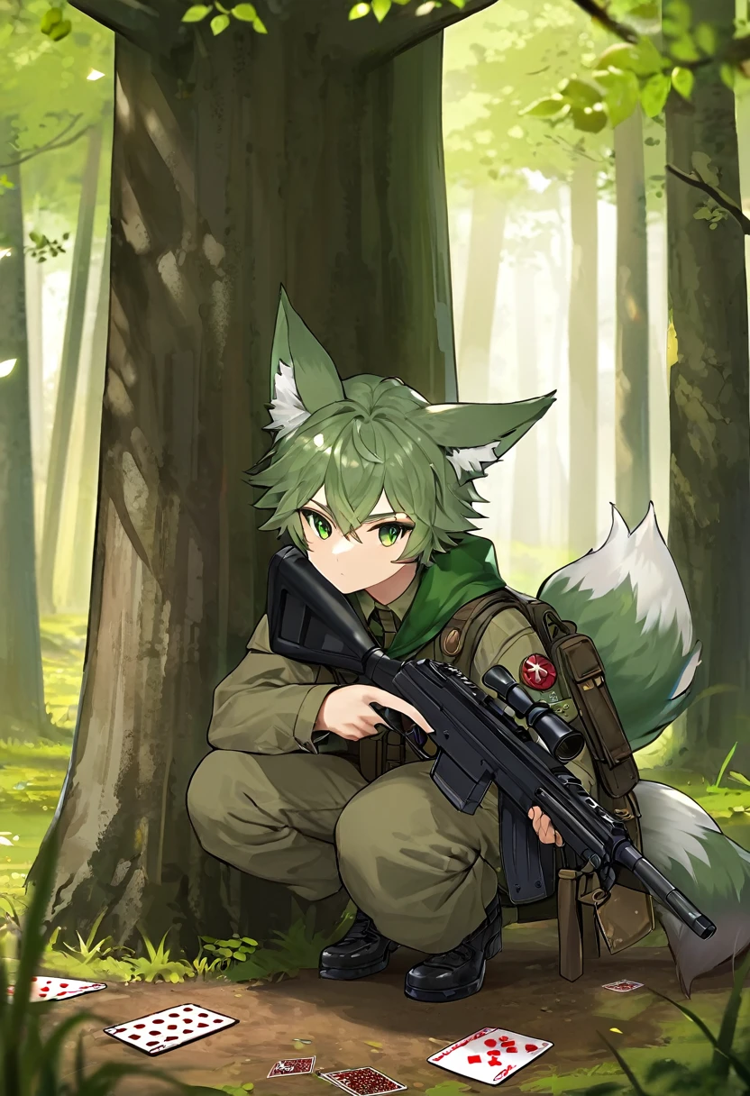 frame of trading card, UI Marks on the upper right and left bottom of the cygames style card.dark and green tone.  small anthro kemono fox Scout is crouching behind a tree and aiming his sniper rifle at a distant target. He is dressed in a camouflaged jacket and pants,with a bulletproof vest. meticulous post-war military scenes, soft-focus technique