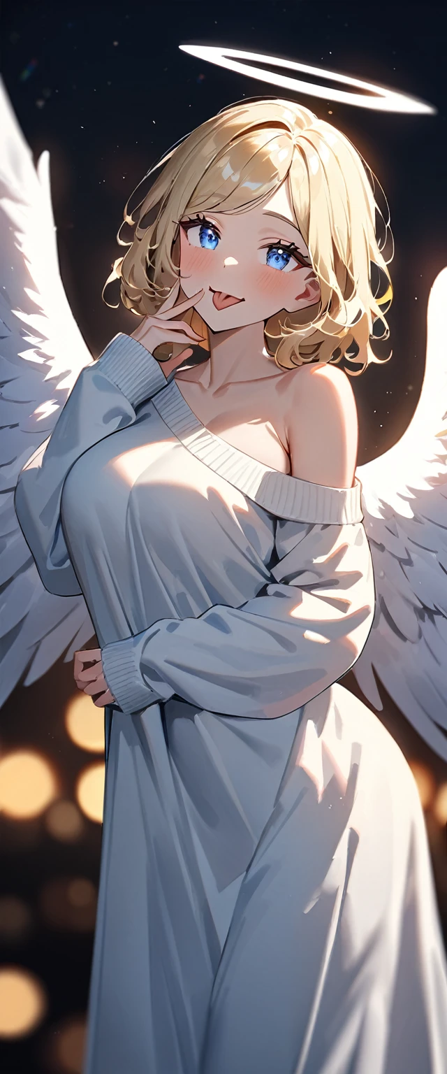 (((One girl))), ((sunglasses, hand to sunglasses)), ((angel, big big white wings:1.2, halo:1.3)), Uriel, ((wavy hair, outward curled hair)), evening, Sunset, open mouth, ((stick out tongue)), ((blond hair, bob cut:1.3)), big breasts, teenager, (looking at viewer), oversized clothes, puffy long sleeves, collarbone, ((off-shoulder sweater dress:1.3, Quite thick shoulder straps)), (((sleeves past wrists:1.3))), ((white sweater)), collarbone, head tilt:1.3, (((blue eye))), ((happy smile)), (((anime style))), (best quality, 4K, 8K, highres, masterpiece:1.2, ultra-detailed, ultra-detailed eyes, HDR, uhd, studio lighting, ultra-fine painting, sharp focus, physically-based rendering, extreme detail description, professional, vivid colors, bokeh), ((Highest quality, Best image quality, Ultra-high resolution, Ultra-high resolution, solo, Strong eye highlights)), Depth of written boundary, Natural soft light, attractive, Beautiful Face, Cleanliness, Pure Face, medium chest, Beautiful Face, Perfect Fingers, Perfect hands, Perfect body, Perfect Face, Shine a light into your eyes, Perfect Anatomy
