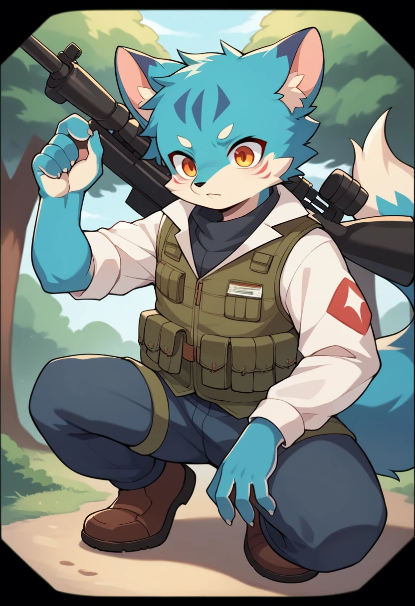 frame of trading card, UI Marks on the upper right and left bottom of the cygames style card.dark and green tone. small anthro kemono fox Scout is crouching behind a tree and aiming his sniper rifle at a distant target. He is dressed in a camouflaged jacket and pants,with a bulletproof vest. meticulous post-war military scenes, soft-focus technique