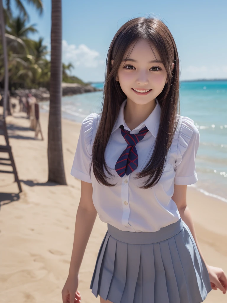 (1girl), kawaii, (round eyes:1.2), (highly detailed face and eyes), (big smile), Amazing face and eyes, (school uniform, pleated mini skirt:1.3), (Best Quality:1.4), (Ultra-detailed), (extremely detailed CG unified 8k wallpaper), Highly detailed, High-definition raw color photos, Professional Photography, Realistic portrait, summer, (beach), (fine face:1.2),