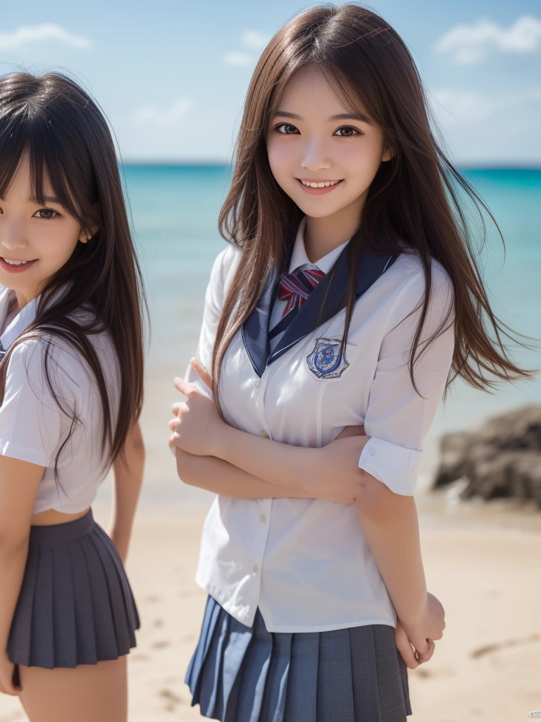 (2girl), kawaii, (round eyes:1.2), (highly detailed face and eyes), (big smile),  Amazing face and eyes, (school uniform, pleated mini skirt:1.3), (Best Quality:1.4), (Ultra-detailed), (extremely detailed CG unified 8k wallpaper), Highly detailed, High-definition raw color photos, Professional Photography, Realistic portrait, summer, (beach), (fine face:1.2),