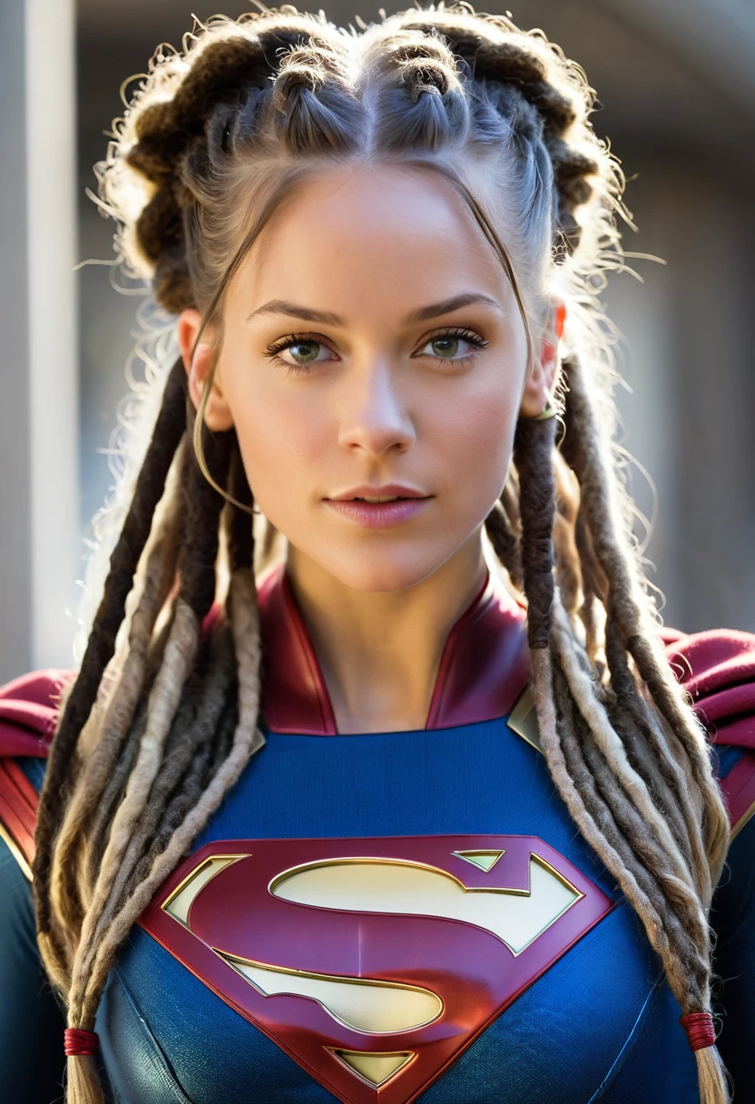 (((Extreme close-up of Rosie Hutington Whiteley under the mantle of the Kryptonian Kara Zor-The alias Supergirl (((Dreadlocks cabello largo))), Splash color images)))