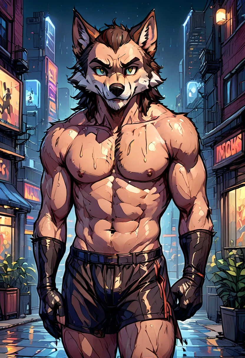 Masterpieces, furry, male, Anthropomorphic, brown wolf, skinny body type, not overly muscular, Delicate eyes, goatee, glistening body, criminal thug, kickboxer, depth of field, perfect lighting, (best quality),(masterpiece),(ultra detailed), sharp focus, detailed night city background, shirtless, big black nipples, fierce look, scars, black gloves, glossy oiled up skin, sweating, wet, black underwear, full body