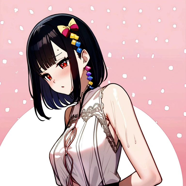 an anime girl with red eyes, long black hair with pink strands with small hair bow with small blue and yellow cubes decoration on the bow, on the right side of the head. She wears a white sleeveless blouse and lifts her blouse showing her wet vagina