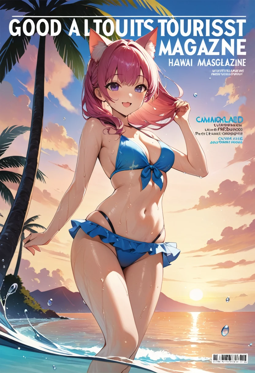 cover page, Hawaii's tourist magazine, highres, top quality, best quality, paid reward available, unparalleled masterpiece, perfect artwork, absurdres(angelic cute 1girl, cat girl)perfect anatomy, best pose as a subject, Wet skin, water droplets, smile, playing in the water, seashore, Palm tree, Swim suit, pareu, twilight, concept, camera angle, good lighting,