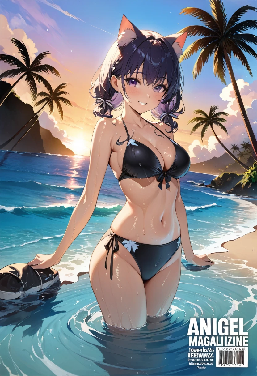 cover page, Hawaii's tourist magazine, highres, top quality, best quality, paid reward available, unparalleled masterpiece, perfect artwork, absurdres(angelic cute 1girl, cat girl)perfect anatomy, best pose as a subject, Wet skin, water droplets, smile, playing in the water, seashore, Palm tree, Swim suit, pareu, twilight, concept, camera angle, good lighting,