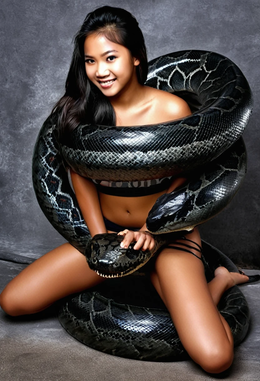  Happy Horny, aroused 1girl), beautiful kneeling Filipino  young teen girl with  giant colossal black titanboa squeezing her hard, wrapped in thick spiraling coils, constricted, struggle, gasping for air, snake attack, snake peril, moonless night, dim light