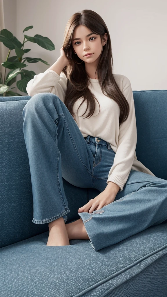 a woman, with long hair and jeans, sitting on a couch, in the style of cartoon realism, i can't believe how beautiful this is, cute and dreamy, disney animation, realistic hyper-detail, warmcore --ar 73:105 --stylize 750 --v 6