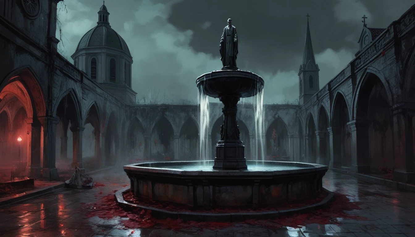 a painting of a ((fountain with corpses)), dead bodies, vampire the masquerade bloodlines, incredible art, gloomy background, nimbus, church ragged vestments, darksketch
