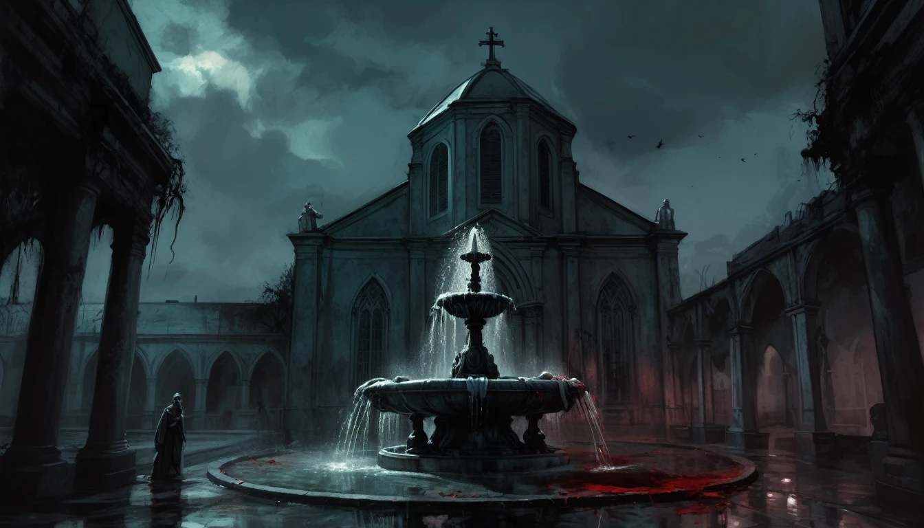 a painting of a ((fountain with corpses)), dead bodies, vampire the masquerade bloodlines, incredible art, gloomy background, nimbus, church ragged vestments, darksketch