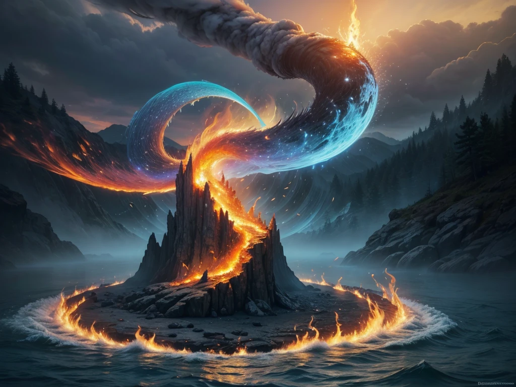in the mystical world where the fire elements, water, earth and air come to life. Your challenge is to illustrate dynamic scenes where elemental magic is at play, capturing the raw power and beauty of these natural forces. 