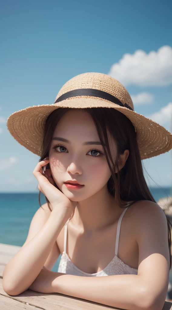 On the table, best quality, illustration, Extremely detailed, Fine details, high resolution, 8k wallpaper, Perfect dynamic composition, Beautiful and delicate eyes, Summer women's clothing,Short Bob Hairstyle,Small breasts natural lips, Bold and sexy pose,Smile,Harajuku、20 year old girl、Lovely、Sexy shot looking at camera