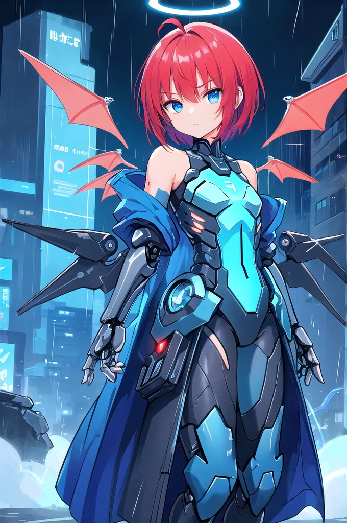 beautiful illustration, best quality, solo, cute girl, blue eyes, red hair, short hair, tan skin, (ahoge:1.1), flat chest, expressionless, cyberpunk city, night, dark, neon light, rtx, reflections, rain, jacket, pants, looking at viewer, wet hair, wet clothes, half-closed eyes, glow, armored, cybernetic, robot, mecha, movie poster, fighting stance, blue energy, blue electricity, (coat:1.1), bare shoulders, exoskeleton, angry, energy halo, (mechanical wings:1.3), blue lightning, ruins, rubble, gauntlets