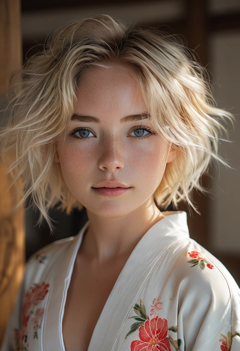 1girl in, age22, Solo, short blond hair, looking at the camera, o-face, translucent white fairly skin, blonde hair, full body, (extremely detailed 8k wallpaper), soft lighting, high quality, film grain, Fujifilm XT3 sharp focus, f 5.6, 50mm, High Detail, Sharp focus, (natural light), (seductive), revealing, realistic, sexy, ((Detail eye)), ((Eye: 1.2), ((Kimono)), (breast: 1.2)