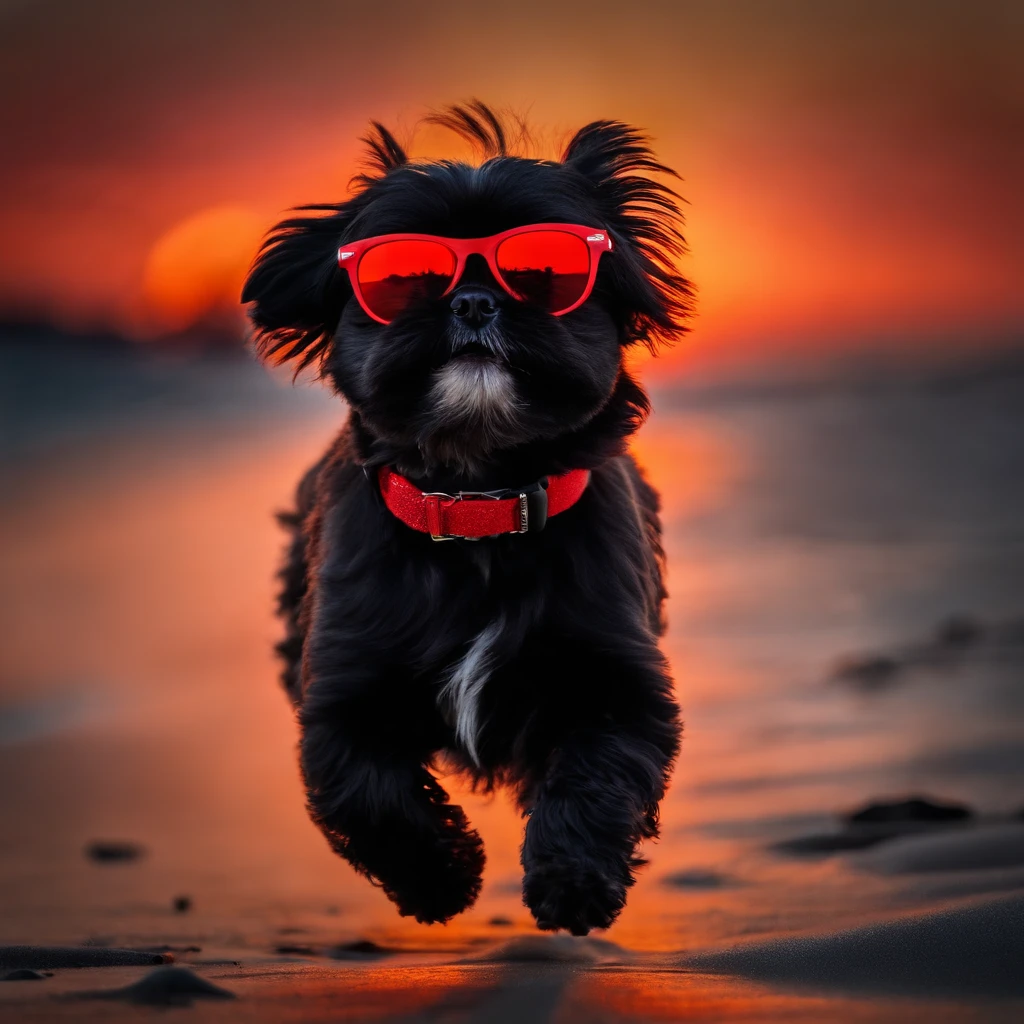 Adorable small black shih tzu wearing red sunglasses running at beach fireworks in background
