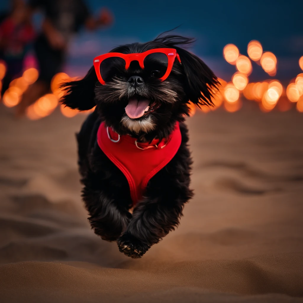 Adorable small black shih tzu wearing red sunglasses running at beach fireworks in background
