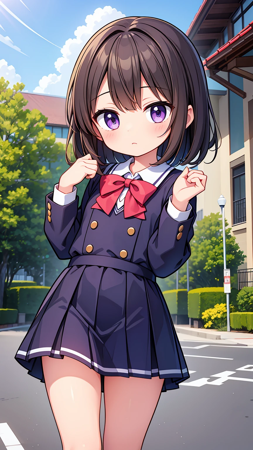 (High quality), (masterpiece), (very detailed), girl, (very small bust), short brown hair, purple eyes, shy face, (primary school loli), showing her thighs, on the school yard, sunny, camera angle from below, adorable eyes, (primar school uniform)