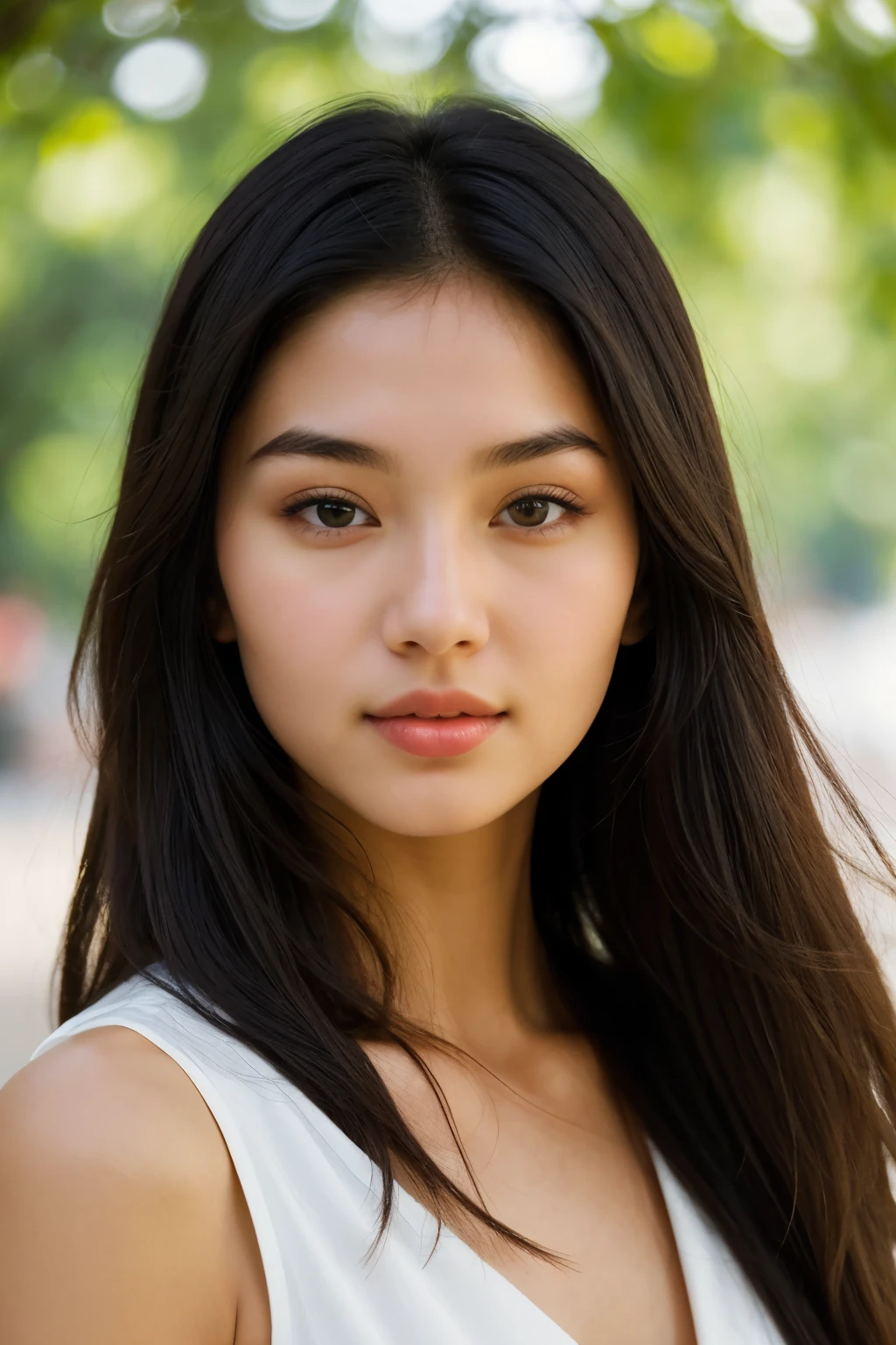 Create an image of an exceptionally beautiful young woman with unique Euro-Asian features. Her face should be perfectly straight and symmetrical, looking directly at the viewer, as if it were a photo for a document. Both eyes should be centered, with her gaze directly ahead. She has mesmerizing almond-shaped eyes, a blend of deep blue and green, and a delicate nose. Her skin is flawless and has a radiant glow. Her hair is a mix of dark brown and silky black, framing her face elegantly. Ensure the background is simple and neutral to keep the focus on her captivating face. The woman must be facing forward directly, with her face and head perfectly aligned and not at an angle.