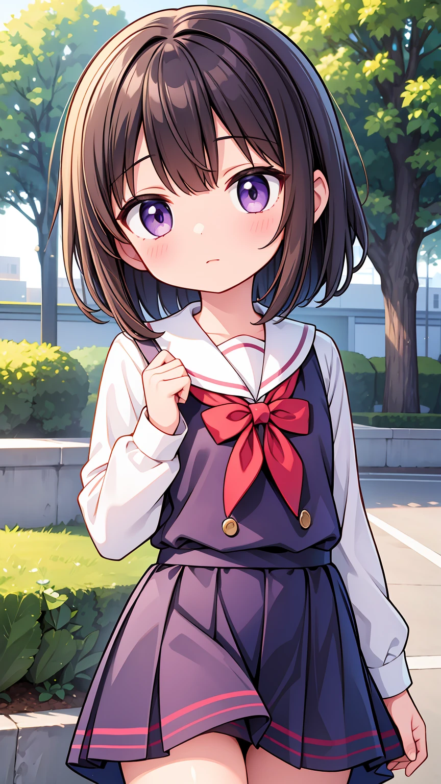 (High quality), (masterpiece), (very detailed), girl, (very small bust), short brown hair, purple eyes, shy face, (primary school ), showing her thighs, on the school yard, sunny, camera angle from below, adorable eyes, (primar school uniform)