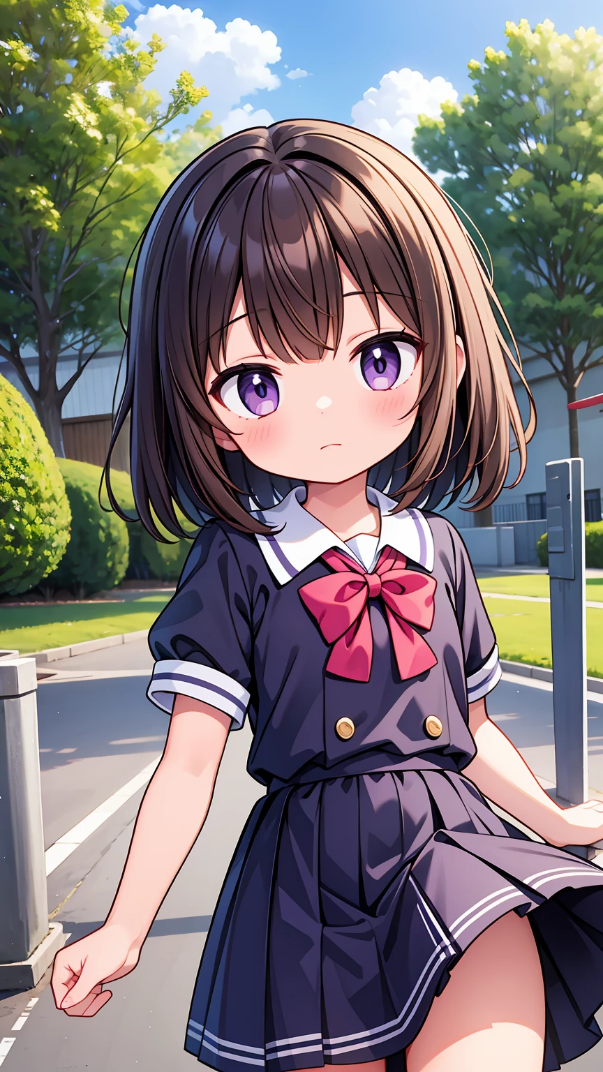 (High quality), (masterpiece), (very detailed), girl, (very small bust), short brown hair, purple eyes, shy face, (primary school loli), showing her thighs, on the school yard, sunny, camera angle from below, adorable eyes, (primar school uniform)