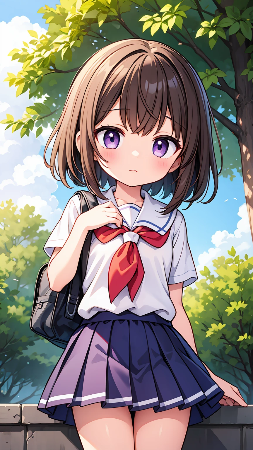 (High quality), (masterpiece), (very detailed), girl, (very small bust), short brown hair, purple eyes, shy face, (primary school loli), showing her thighs, on the school yard, sunny, camera angle from below, adorable eyes, (primar school uniform)