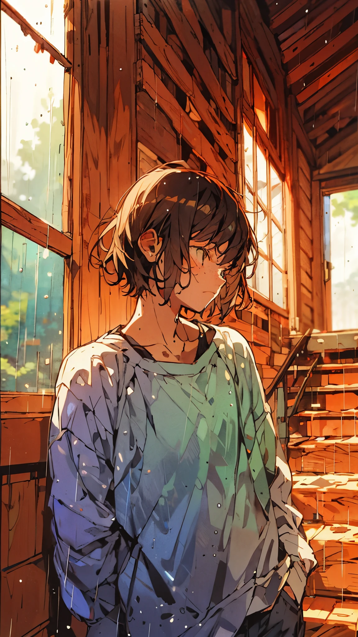 A age with short hair and freckles, lost in thought while walking down the stairs of a cozy log cabin. Rain is pouring outside, visible through the window at the top of the stairs. Sunlight filters through the trees, casting dappled light on the wooden steps, ((teen Looking Out):1.2)