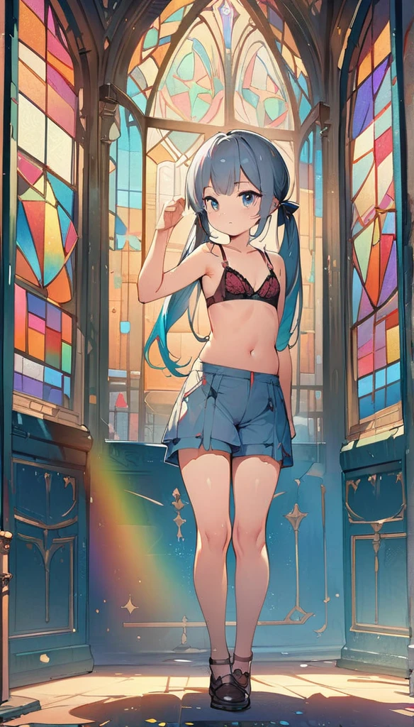 (masterpiece:1.8),(Highest quality:1.8),(Very detailed:1.8),(8k:1.8),(Ultra-fine Illustration:1.5),,,Straight low twintail,Flat Chest,Small Ass,(High-grade ,,lingerie:1.4),(Prayer Pose:1.5),Vintage sofa,,(Full body angle), Stained glass, Rainbow Gradient, Foundation, (bra:1.3), (lingerie,culottes:1.6),