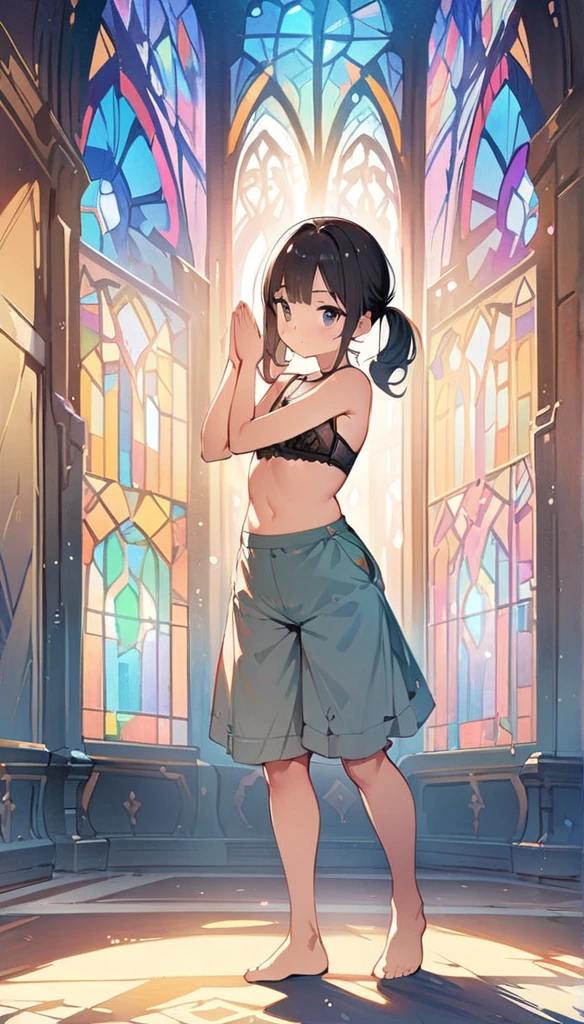 (masterpiece:1.8),(Highest quality:1.8),(Very detailed:1.8),(8k:1.8),(Ultra-fine Illustration:1.5),,,Straight low twintail,Flat Chest,Small Ass,(High-grade ,,lingerie:1.4),(Prayer Pose:1.5),Vintage sofa,,(Full body angle), Stained glass, Rainbow Gradient, Foundation, (bra:1.3), (lingerie,culottes:1.6),シースルーブラジャー