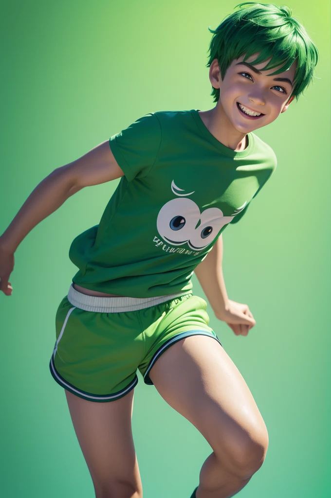 Funnily film character, disney pixar style, 3d, a boy representing fun, with short green hair, wearing light green t-shirt and dark green shorts, greeneyes, smilling face, light green skin, Vibrant and colorful background 8k quality