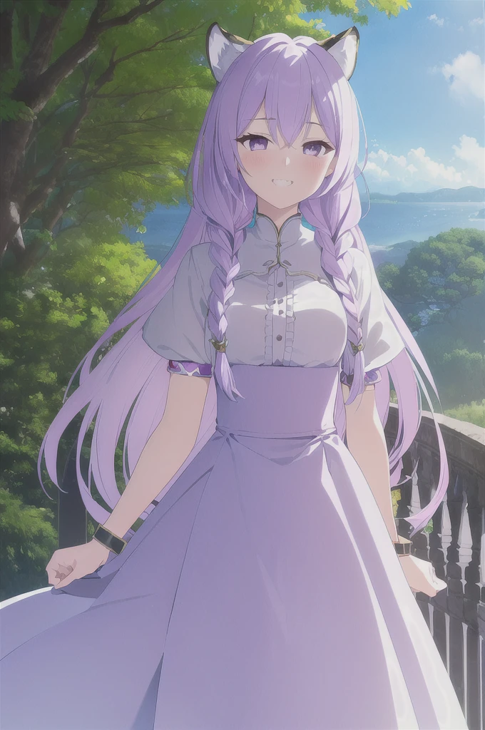 ((masterpiece)), (best quality), (ultra-detailed), photorealistic, (best illustration), ((an extremely delicate and beautiful)), 1girl, solo, long hair, tiger ears, [:tiger tail under:0.2], lilac hair, two-tone hair, full body art, (purple armor:1), multicolored dress, cross-laced, standing, evil purple eyes, sharp teeth, showing teeth, teasing grin, White shirt, short sleeves, detailed scenery, blue sky, horizon, low twin braids, twin braids, hair ornament, bracelet, (hand on own chest:0.9), blush. 