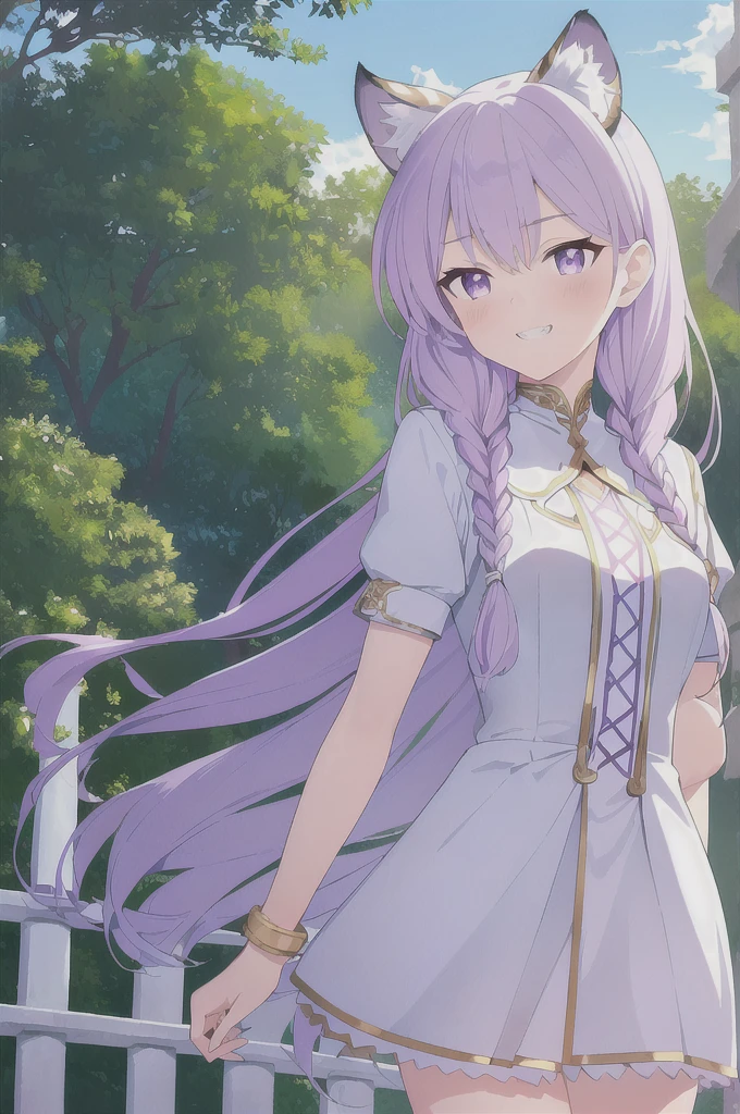 ((masterpiece)), (best quality), (ultra-detailed), photorealistic, (best illustration), ((an extremely delicate and beautiful)), 1girl, solo, long hair, tiger ears, [:tiger tail under:0.2], lilac hair, two-tone hair, full body art, (purple armor:1), multicolored dress, cross-laced, standing, evil purple eyes, sharp teeth, showing teeth, teasing grin, White shirt, short sleeves, detailed scenery, blue sky, horizon, low twin braids, twin braids, hair ornament, bracelet, (hand on own chest:0.9), blush. 