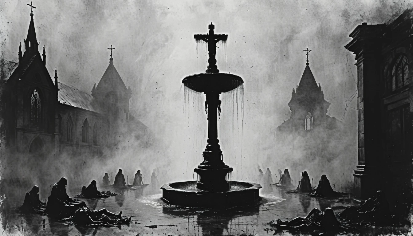 a painting of a ((fountain with corpses)), dead bodies, vampire the masquerade bloodlines, incredible art, gloomy background, nimbus, church ragged vestments, darksketch
