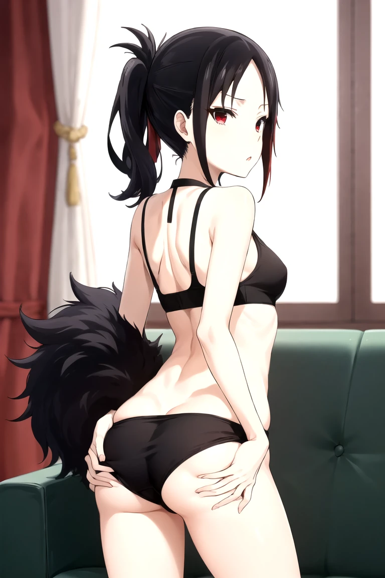 Shinomiya Kaguya, Shinomiyakaguya, Red eyes, small breasts, list brook, black fur, Red eyes, black sports bra, black panties, from behind, showing off your butt, grabbing the ass