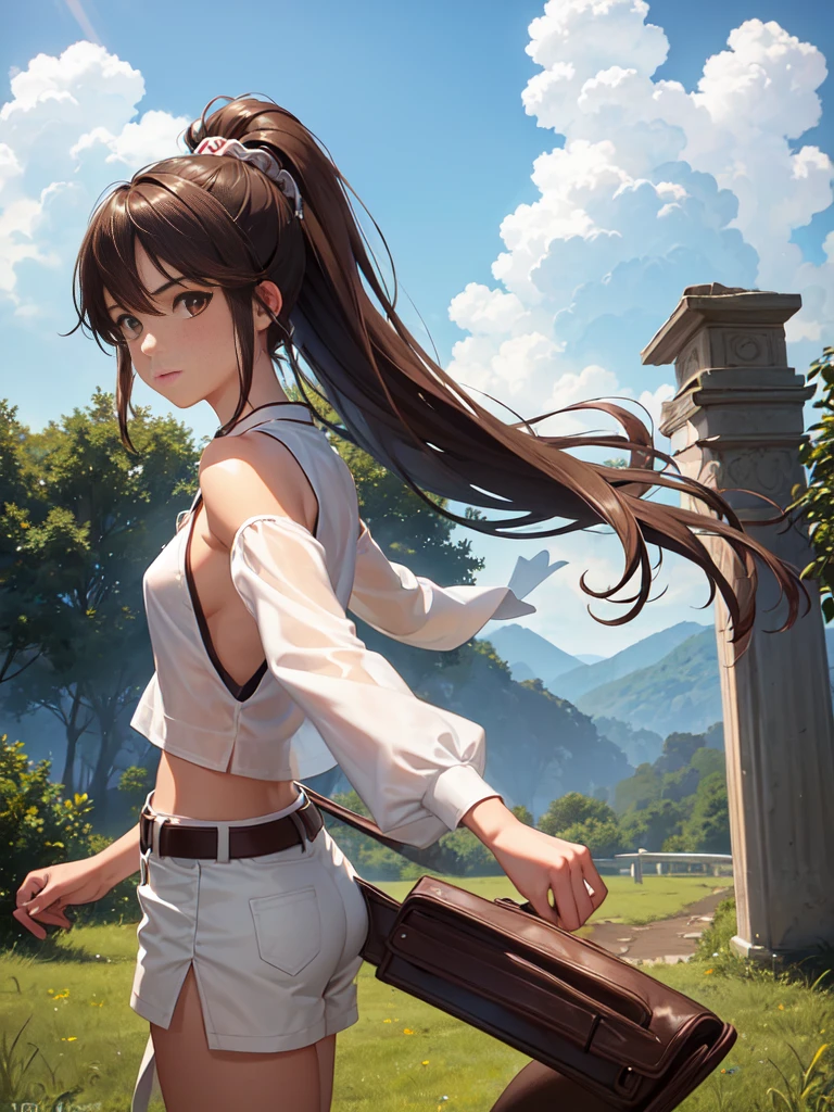 ((A girl , perfect body)), anime, 16-year-old girl with dark brown hair in a high ponytail, light brown eyes, and light, tanned skin. He wears a white shirt with a brown vest, brown shorts, and knee-high leather boots. He wears a leather belt with a dagger on his hip and a necklace with a green stone amulet. He is standing in a green field with a sword in his hand and a determined look on his face.,(all realistic intricate details)