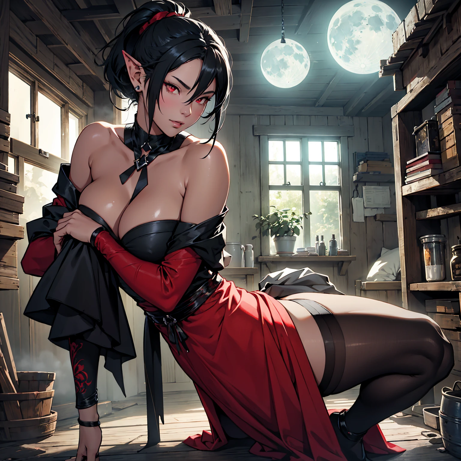 1girl!!, short ponytail hair, black hair, big breasts, long pointed ears, red eyes, blue skin!!!, sexy little dress, deep neckline, full body, night, in old wooden house, moon in windows, very sexy body, detailed clothing, detailed face, highly detailed, 8k, best quality, masterpiece, vibrant colors, digital art, concept art