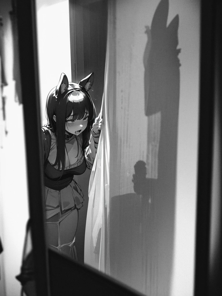 In a haunted house, horror, fear , It's muggy , steamy , rabbit ear girl , holding back pee , (Shadows seen through the curtains) , doggy style , blow job , hard core , orgasm , nudity