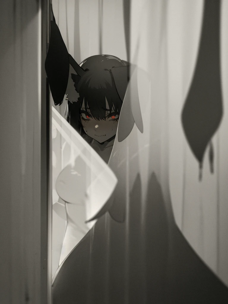 In a haunted house, horror, fear , It's muggy , steamy , rabbit ear girl , holding back pee , (Shadows seen through the curtains) , doggy style , blow job , hard core , orgasm , nudity