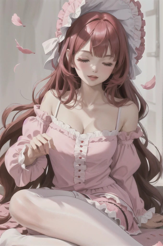 absurdres, best quality, 1girl, solo, looking at viewer, eye focus,  LucoaDM, CasualCL, pink lolita dress,straight red hair,straight bangs,lolita bonnet,eyes closed,petals,brown skin