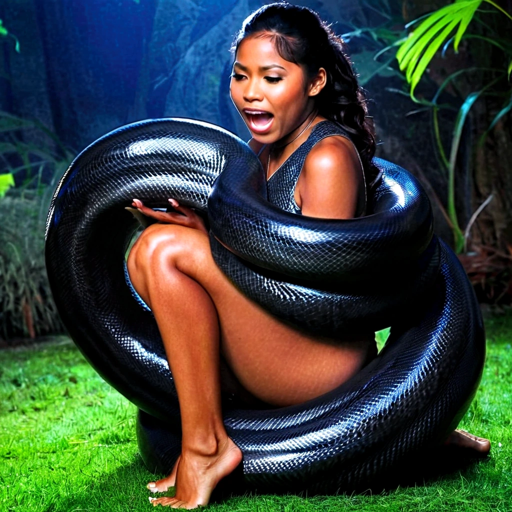Happy Horny, aroused 1girl), beautiful kneeling Filipino young girl with giant colossal black titanboa squeezing her hard, wrapped in thick spiraling coils, constricted, struggle, gasping for air, snake attack, snake peril, moonless night, dim light
